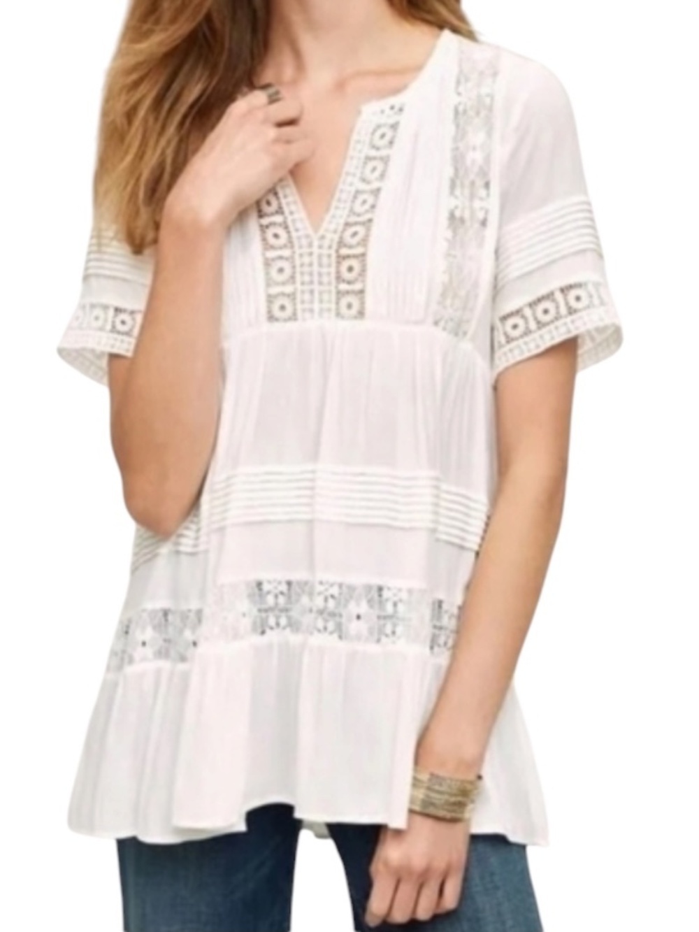 Maeve Tiered Lace Tunic Blouse white Size Extra Small Boho Style